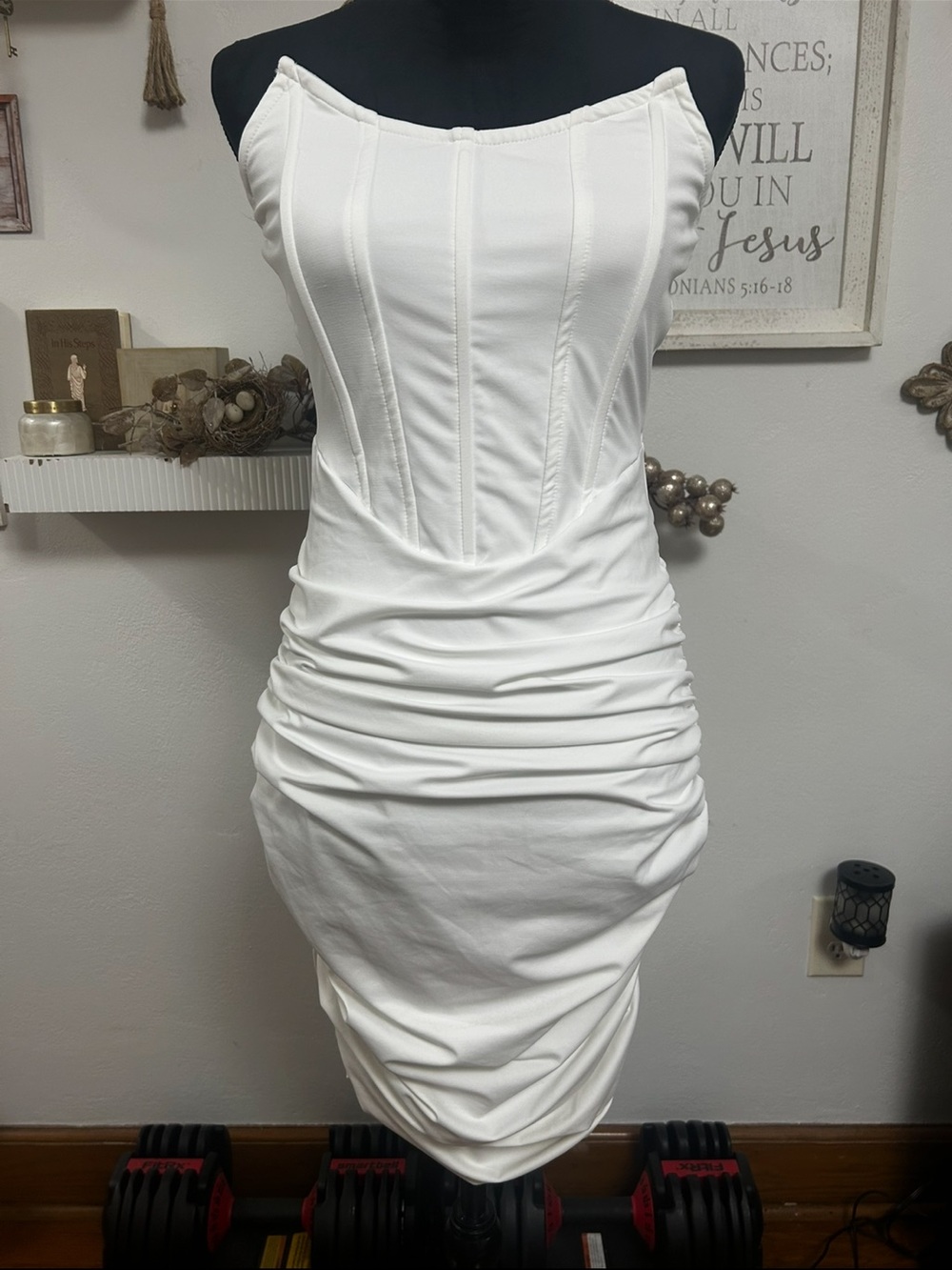 Fashion Nova White Strapless Ruched Bodycon Midi Dress, NWOT